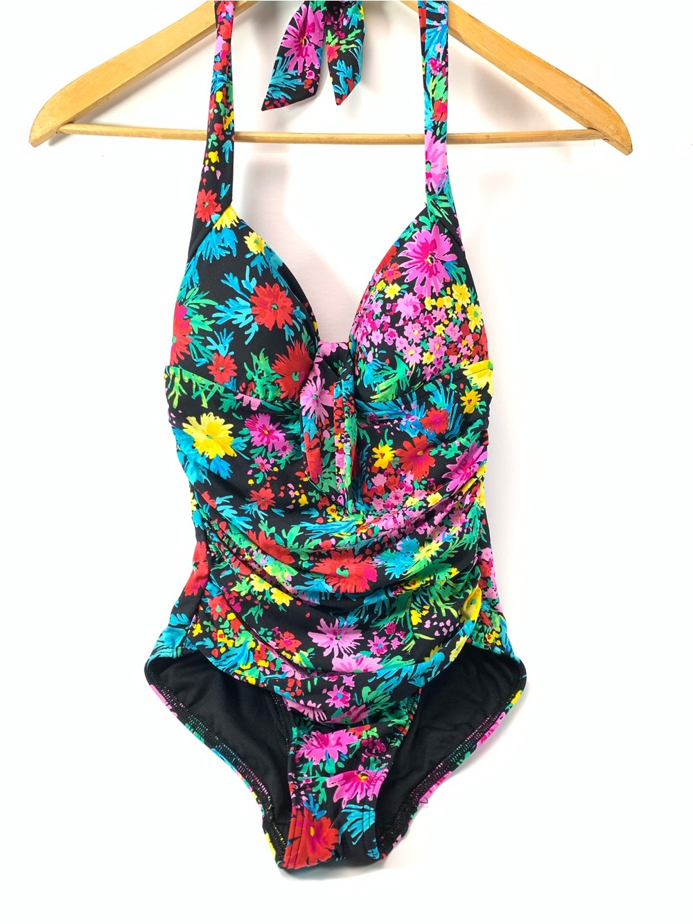 Seafolly Size 8 D Halter One Piece Swimsuit Black Floral Tropical Luxury NWOT